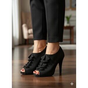 Cato Ruffled Faux Suede Side Zip Peep Toe Heeled Booties